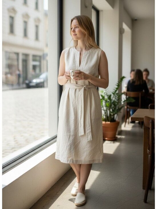 Banana Republic Dresses & Skirts - Banana Republic Linen Blend Sleeveless Belted Midi Dress Petite M Ivory